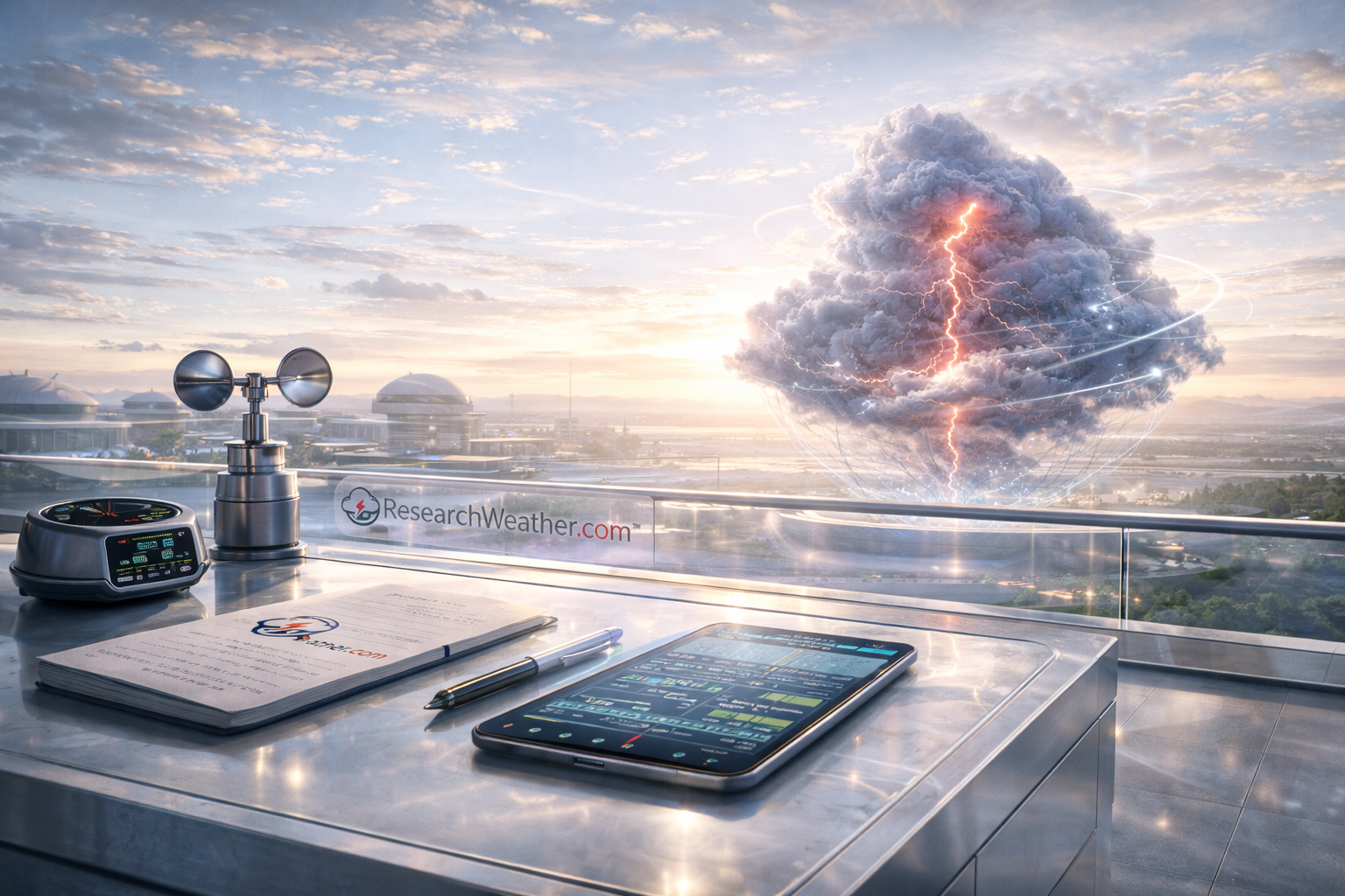 ResearchWeather monitoring scene with rooftop instruments and a modeled storm cloud.