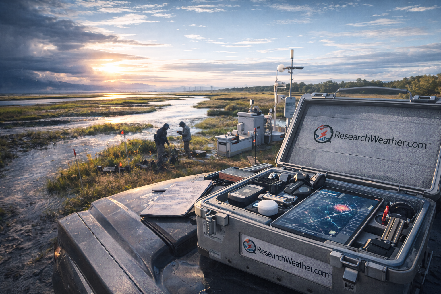 Field research equipment and review tools beside an active observation site.