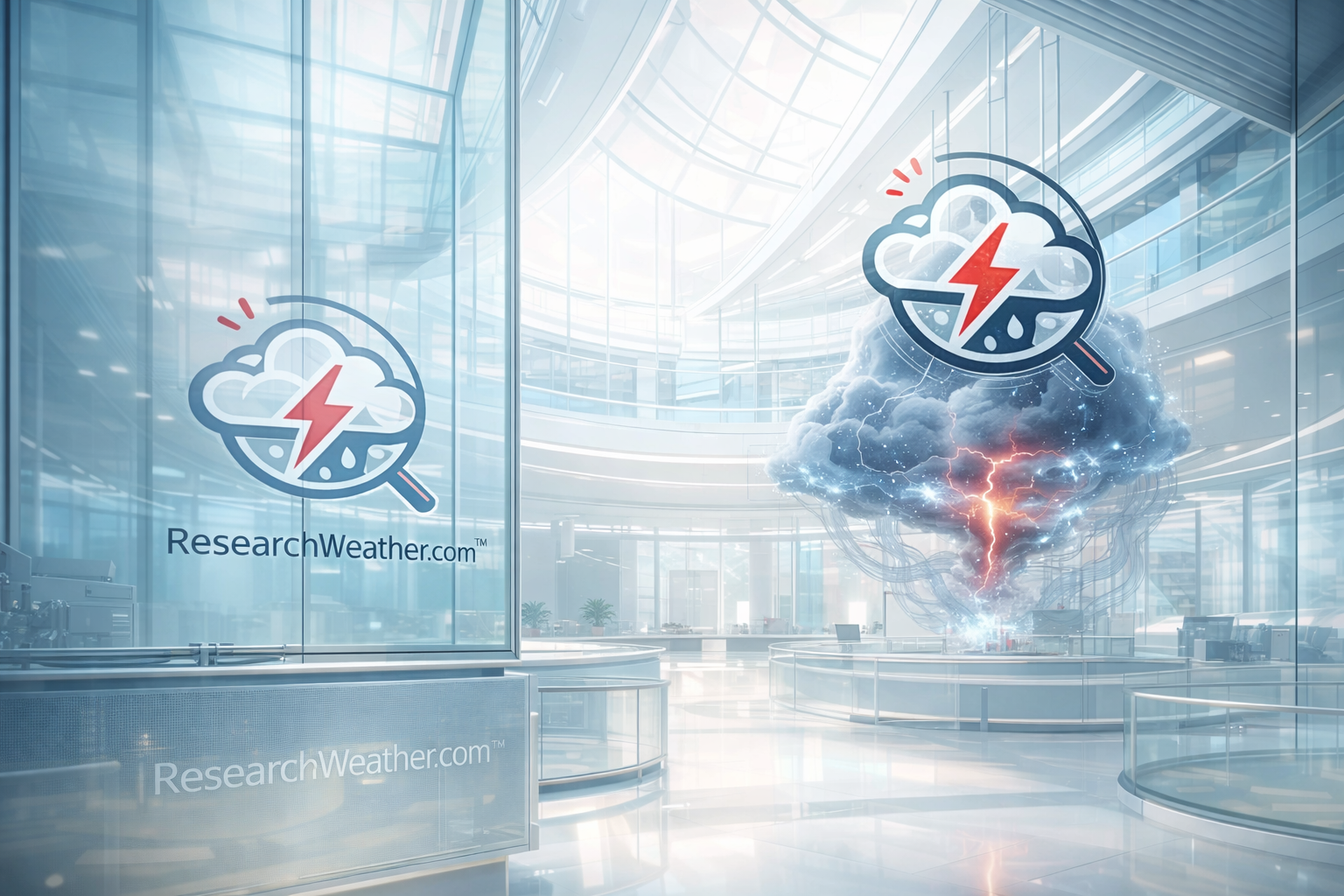 Light filled research atrium with ResearchWeather imagery and a storm cloud installation.