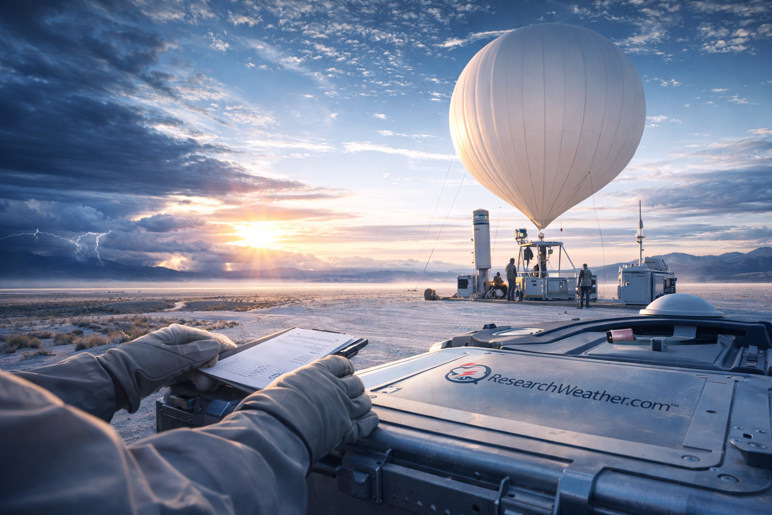 Weather balloon field research scene at sunrise